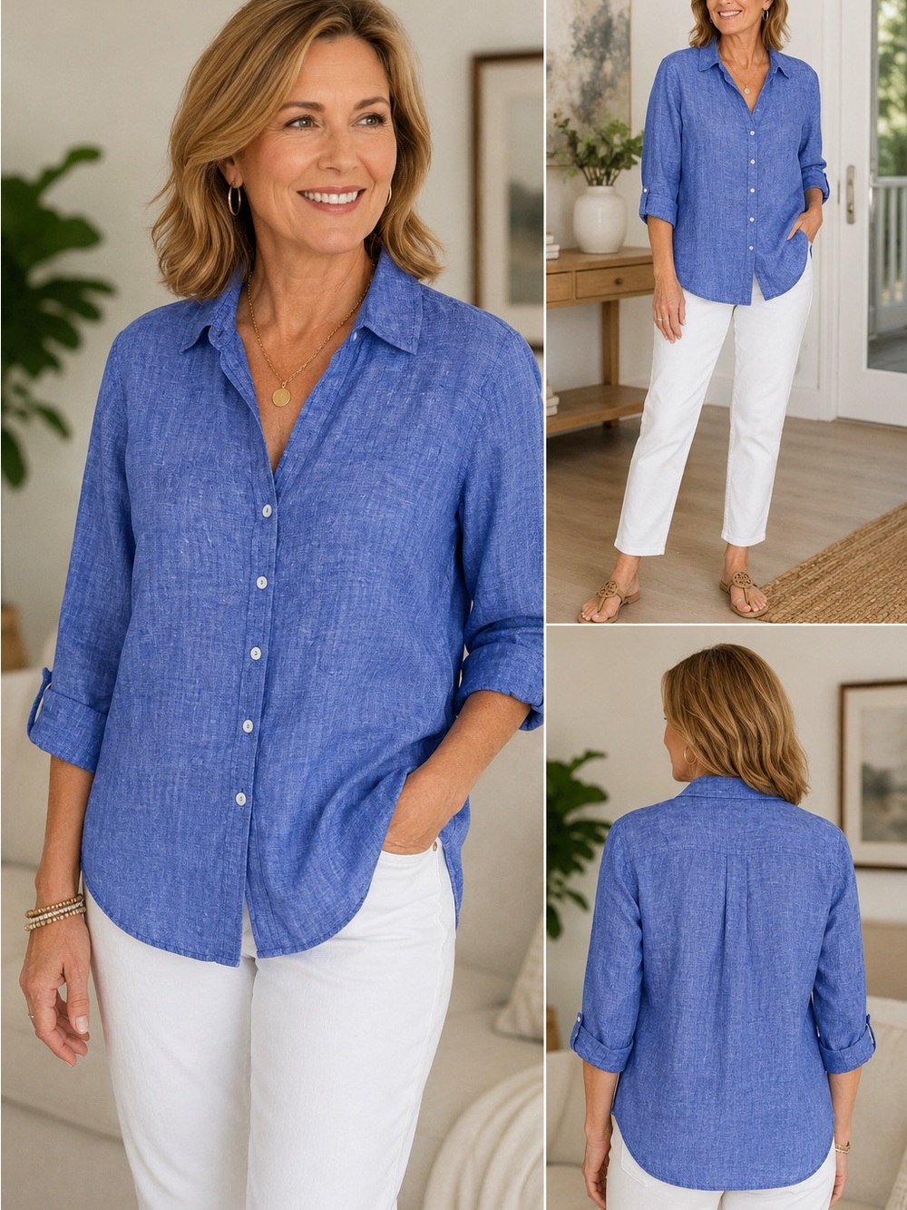 Foxcroft NYC 100% Linen Button Front Shirt XL Blue Relaxed Fit - Picture 3 of 8